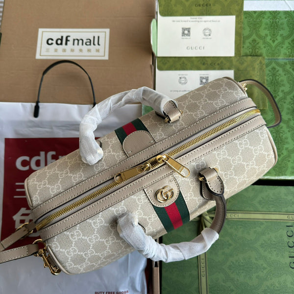 BORSA OPHIDIA MEDIA CON MANICO SUPERIORE 31 IN TELA BEIGE BIANCA E RIFINITURE IN PELLE DI VITELLO AVENA, FERRAMENTA ORO