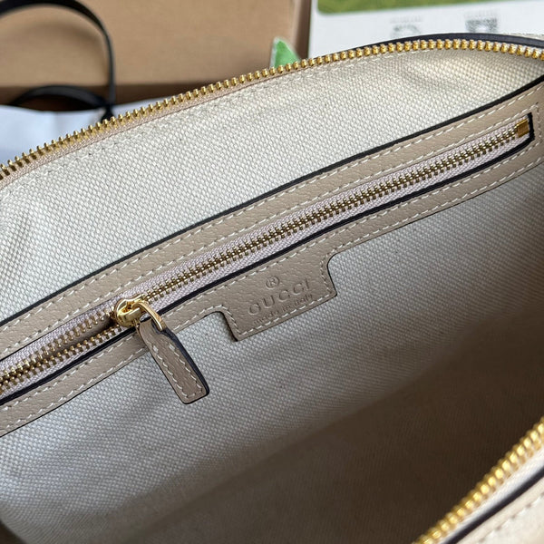 BORSA OPHIDIA MEDIA CON MANICO SUPERIORE 31 IN TELA BEIGE BIANCA E RIFINITURE IN PELLE DI VITELLO AVENA, FERRAMENTA ORO