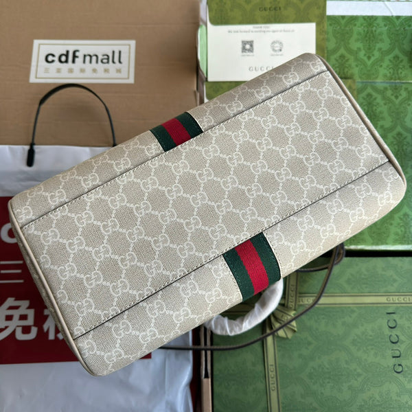 BORSA OPHIDIA MEDIA CON MANICO SUPERIORE 31 IN TELA BEIGE BIANCA E RIFINITURE IN PELLE DI VITELLO AVENA, FERRAMENTA ORO