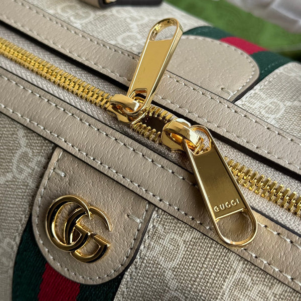 BORSA OPHIDIA MEDIA CON MANICO SUPERIORE 31 IN TELA BEIGE BIANCA E RIFINITURE IN PELLE DI VITELLO AVENA, FERRAMENTA ORO