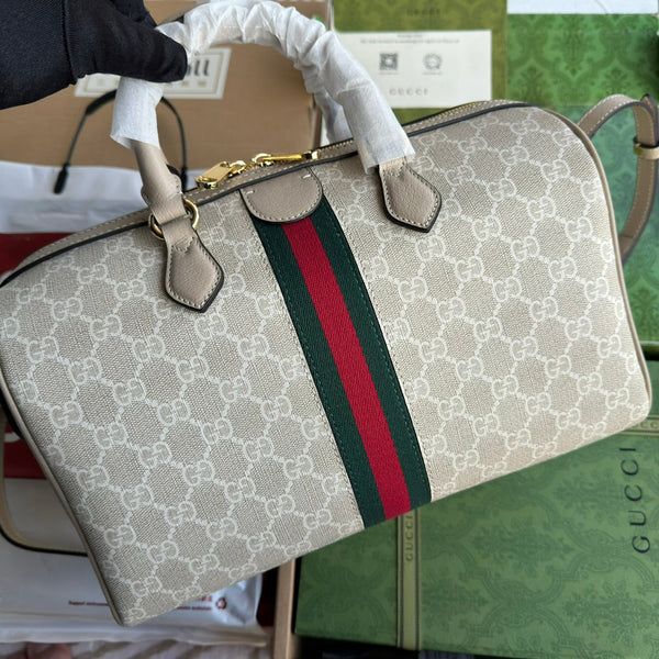 BORSA OPHIDIA MEDIA CON MANICO SUPERIORE 31 IN TELA BEIGE BIANCA E RIFINITURE IN PELLE DI VITELLO AVENA, FERRAMENTA ORO