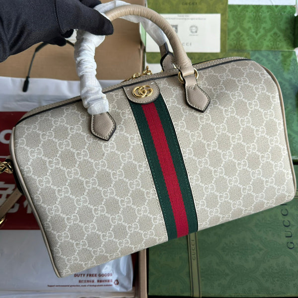 BORSA OPHIDIA MEDIA CON MANICO SUPERIORE 31 IN TELA BEIGE BIANCA E RIFINITURE IN PELLE DI VITELLO AVENA, FERRAMENTA ORO