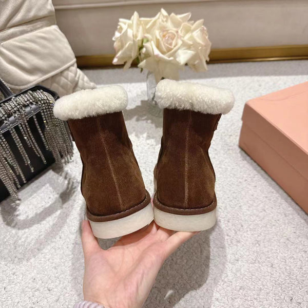 Miu Snow Boots Dark Brown Suede Shearling 455924