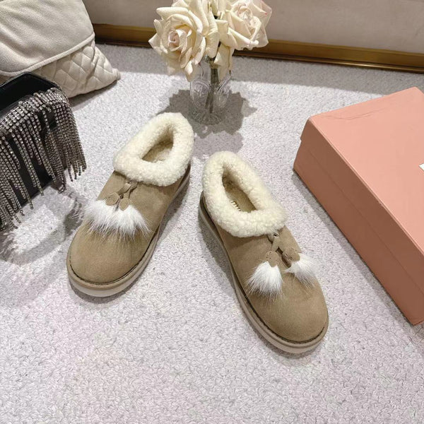 Miu Booties Taupe Suede Shearling-Lined with Fur Tassels 455928