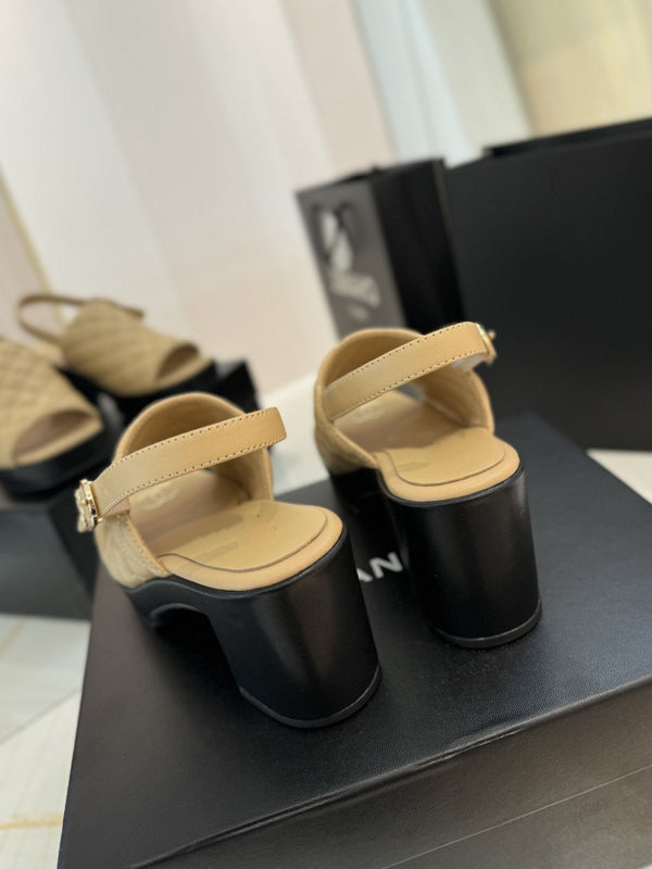 sandalo tacco alto 100 slingback beige nero in pelle di vitello trapuntata