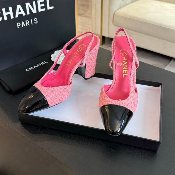 slingback 95 in tweed rosa e pelle di vitello verniciata nera