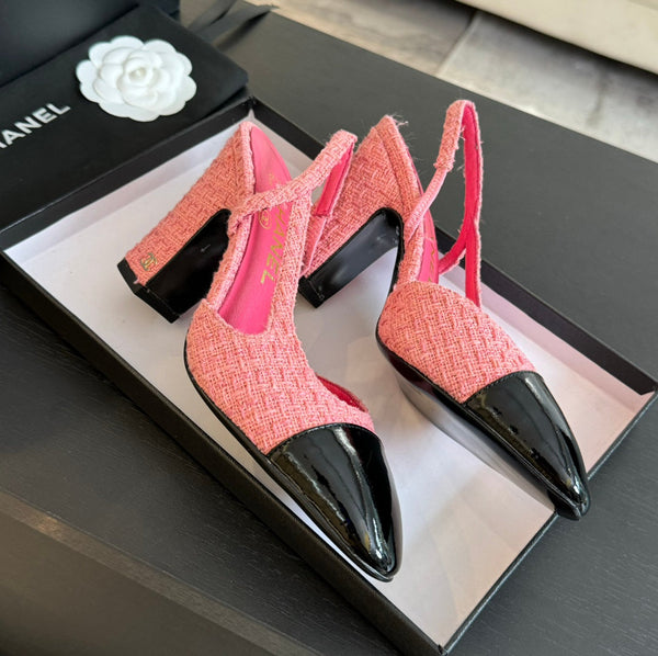 slingback 95 in tweed rosa e pelle di vitello verniciata nera