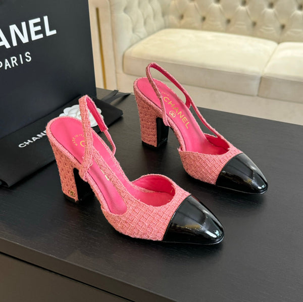slingback 95 in tweed rosa e pelle di vitello verniciata nera