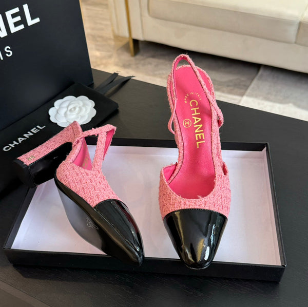 slingback 95 in tweed rosa e pelle di vitello verniciata nera