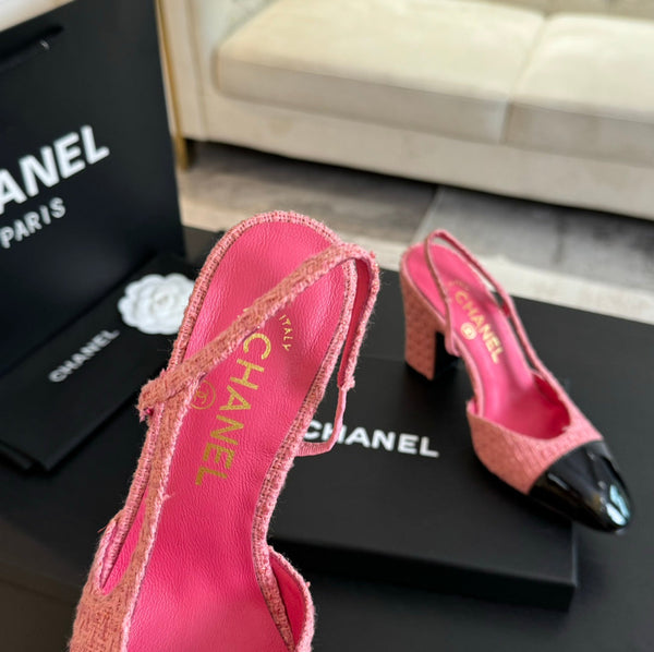 slingback 95 in tweed rosa e pelle di vitello verniciata nera