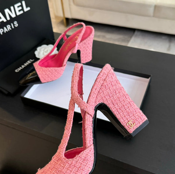 slingback 95 in tweed rosa e pelle di vitello verniciata nera