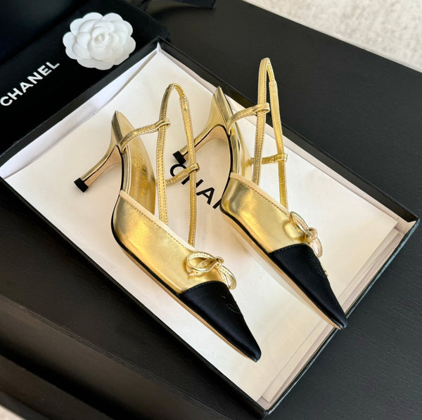 Acc slingbacks 65 bow gold metalic lambskin black grosgrain