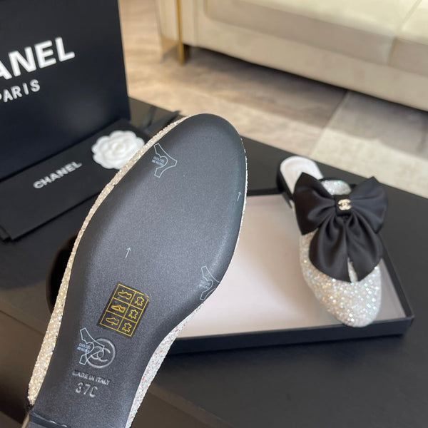 SANDALI BASSI BIG BOW IN SETA BIANCA CON PAILLETTES GLITTER