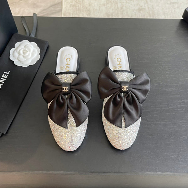 SANDALI BASSI BIG BOW IN SETA BIANCA CON PAILLETTES GLITTER