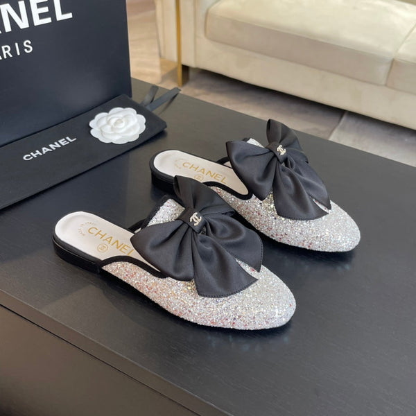 SANDALI BASSI BIG BOW IN SETA BIANCA CON PAILLETTES GLITTER