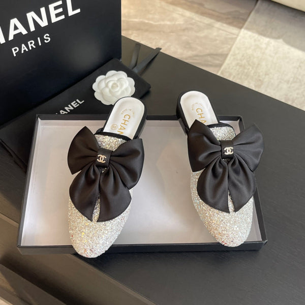 SANDALI BASSI BIG BOW IN SETA BIANCA CON PAILLETTES GLITTER
