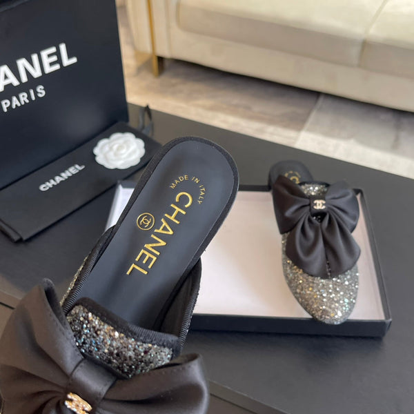 SANDALI BASSI BIG BOW IN SETA NERA CON PAILLETTES GLITTER