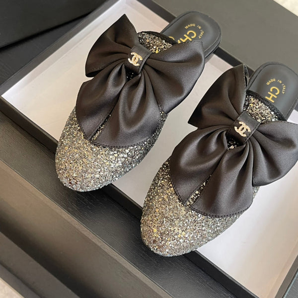 SANDALI BASSI BIG BOW IN SETA NERA CON PAILLETTES GLITTER