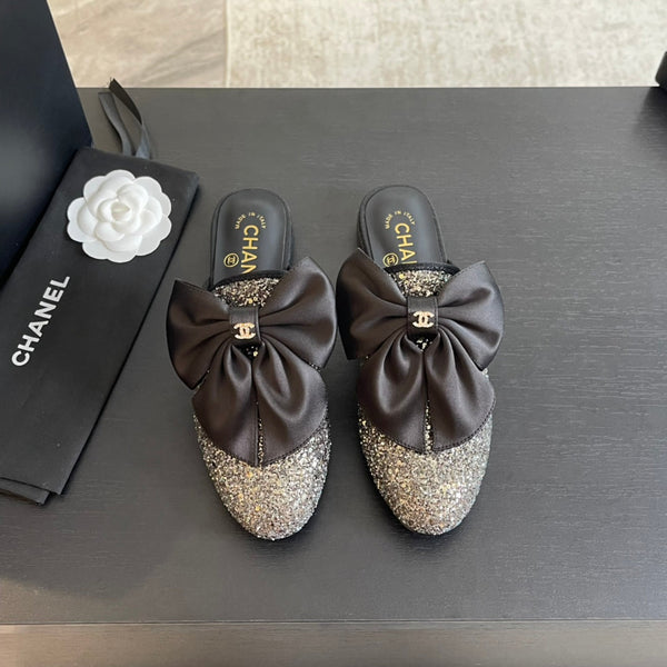 SANDALI BASSI BIG BOW IN SETA NERA CON PAILLETTES GLITTER