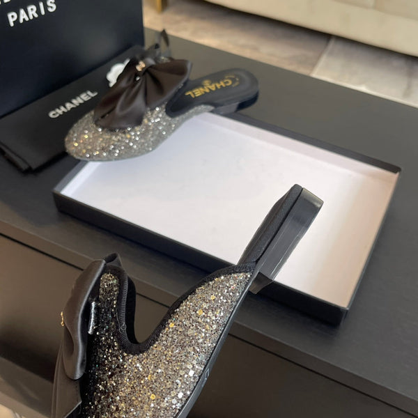 SANDALI BASSI BIG BOW IN SETA NERA CON PAILLETTES GLITTER