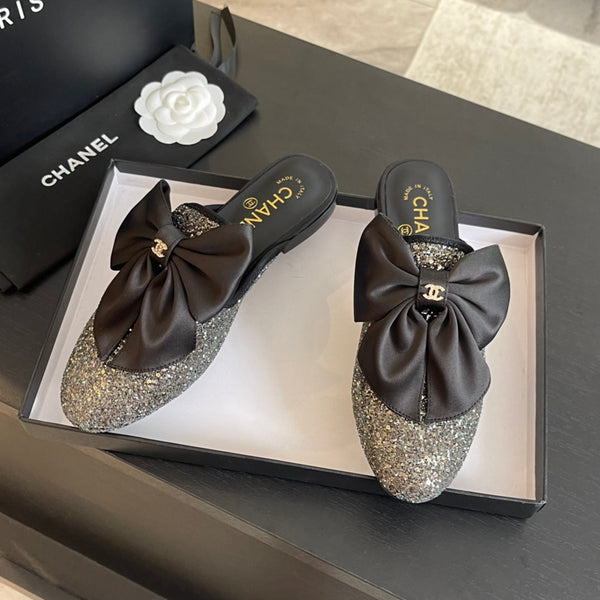 SANDALI BASSI BIG BOW IN SETA NERA CON PAILLETTES GLITTER
