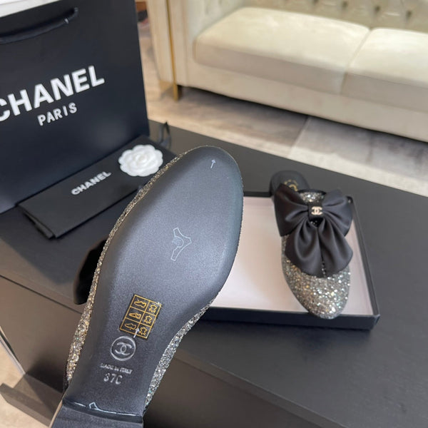 SANDALI BASSI BIG BOW IN SETA NERA CON PAILLETTES GLITTER