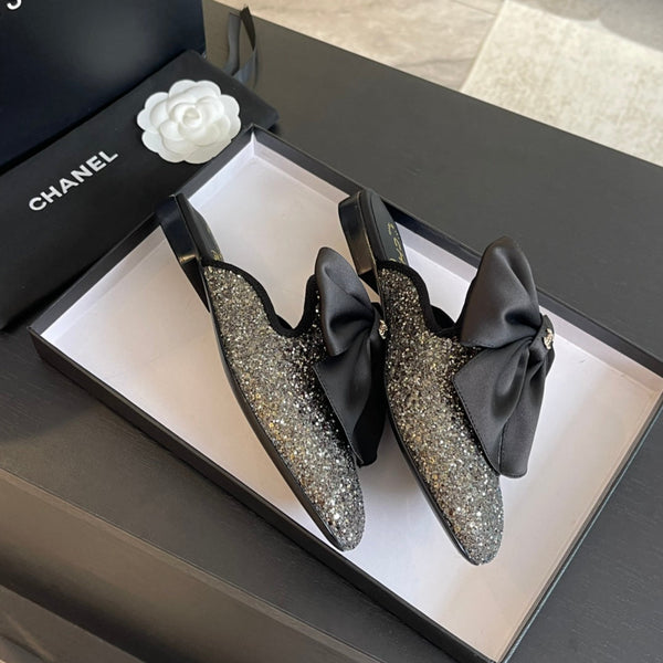 SANDALI BASSI BIG BOW IN SETA NERA CON PAILLETTES GLITTER