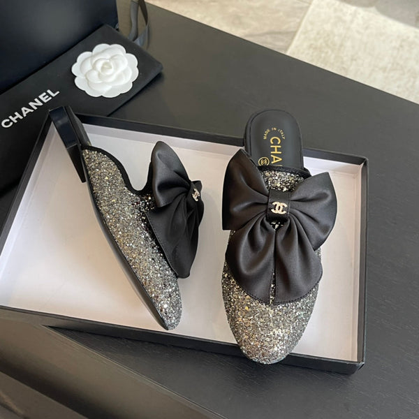 SANDALI BASSI BIG BOW IN SETA NERA CON PAILLETTES GLITTER