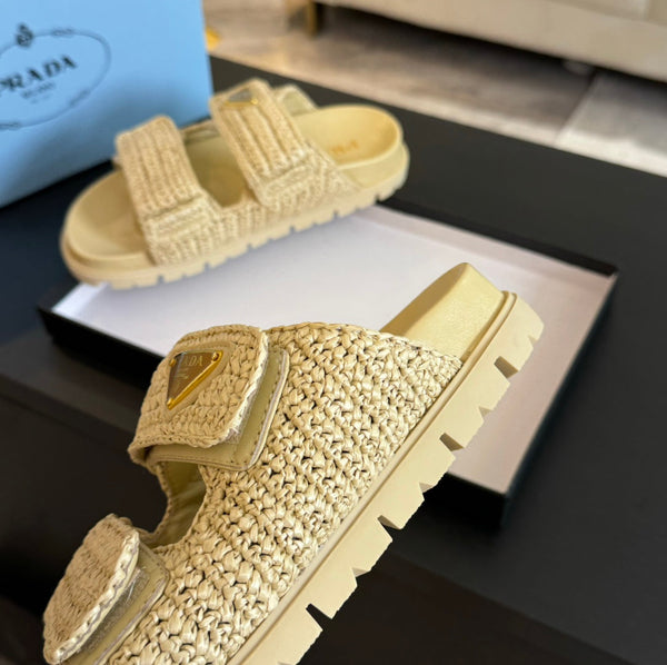 PRA RAFFIA CORK SLIDE PASTELLO GIALLO PELLE DI VITELLO