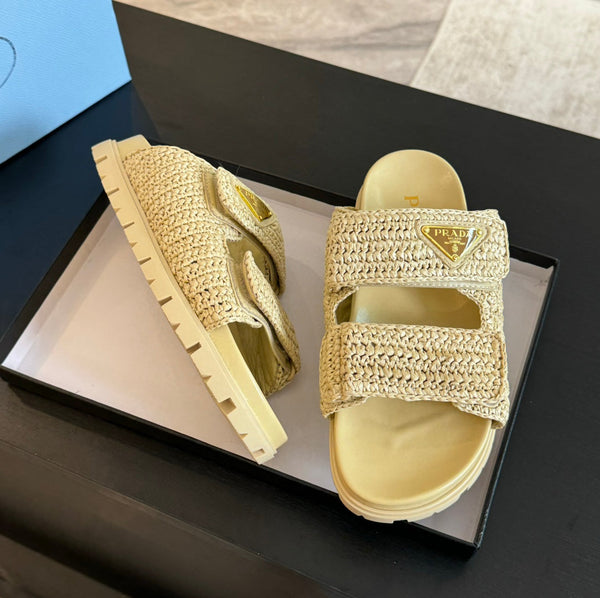PRA RAFFIA CORK SLIDE PASTELLO GIALLO PELLE DI VITELLO