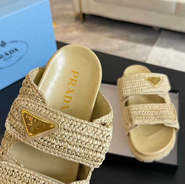 PRA RAFFIA CORK SLIDE PASTELLO GIALLO PELLE DI VITELLO