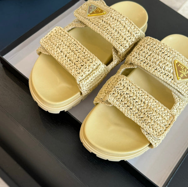 PRA RAFFIA CORK SLIDE PASTELLO GIALLO PELLE DI VITELLO