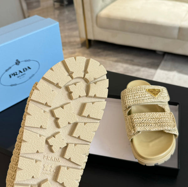 PRA RAFFIA CORK SLIDE PASTELLO GIALLO PELLE DI VITELLO