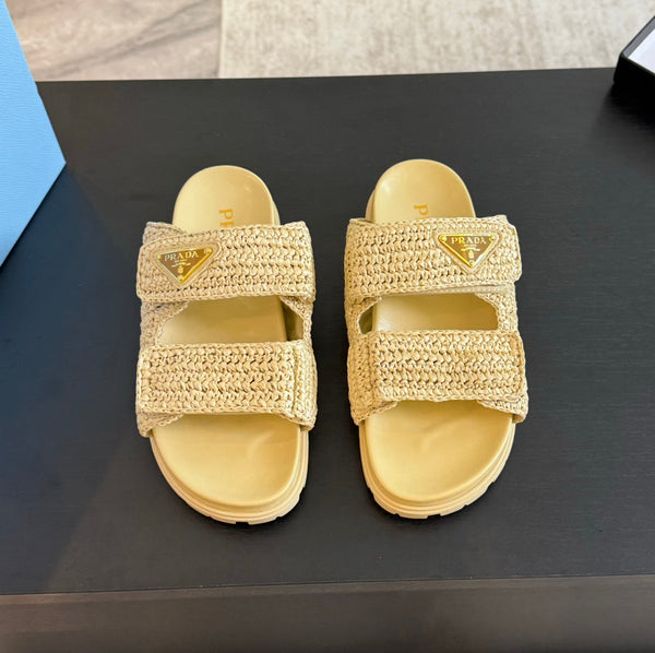 PRA RAFFIA CORK SLIDE PASTELLO GIALLO PELLE DI VITELLO
