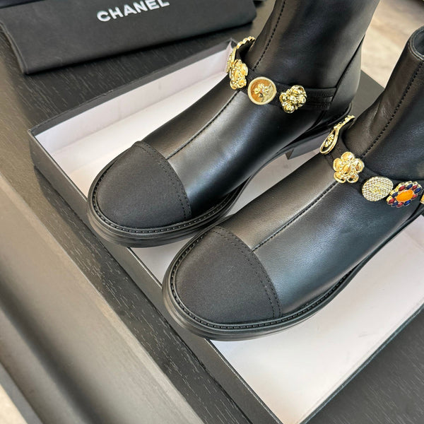 CC Short boots Black Cowhide Mix Fabric Denim