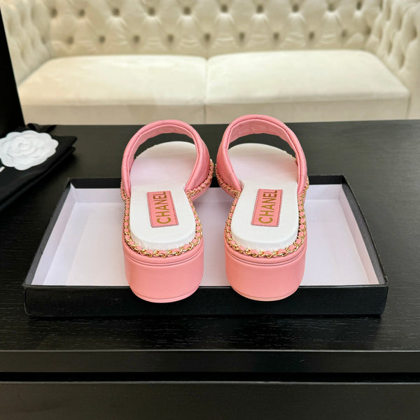 PANTOFOLA ALTE FLATFORM IN PELLE DI MONTONE ROSA GOFFRATA