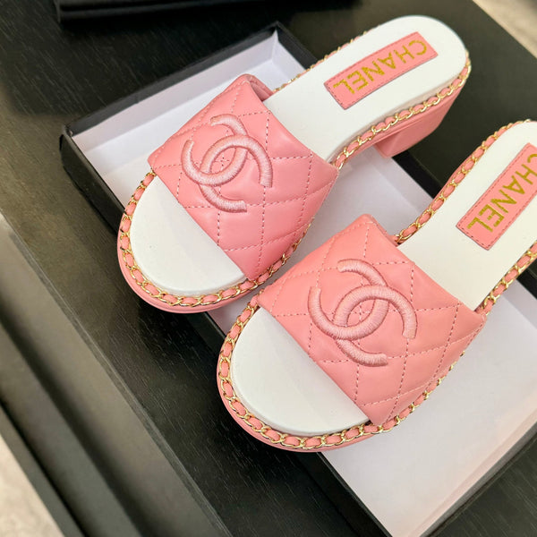 PANTOFOLA ALTE FLATFORM IN PELLE DI MONTONE ROSA GOFFRATA
