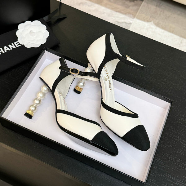 CC 25S Slingback 85mm Pelle di vitello bianca Grosgrain nero