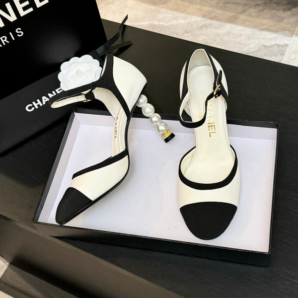 CC 25S Slingback 85mm Pelle di vitello bianca Grosgrain nero