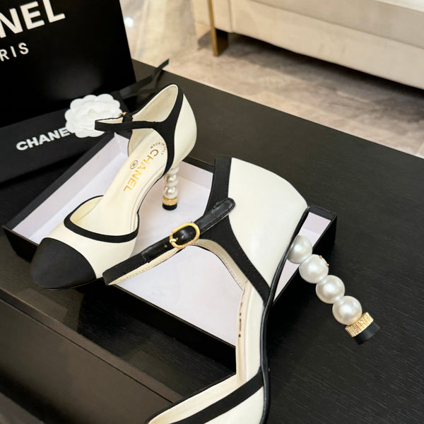 CC 25S Slingback 85mm Pelle di vitello bianca Grosgrain nero