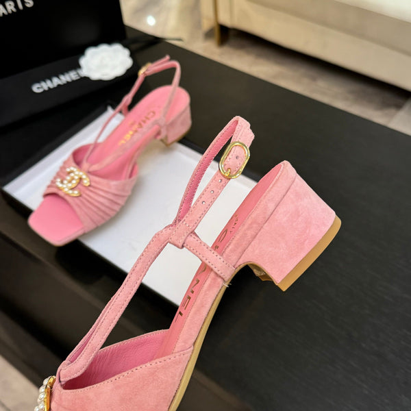 CC 25S Sandalo Tacco 50mm Pelle Scamosciata Rosa Capretto Logo Perla