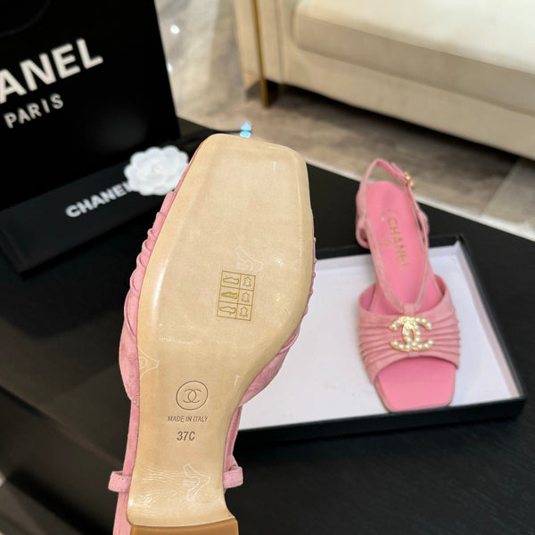 CC 25S Sandalo Tacco 50mm Pelle Scamosciata Rosa Capretto Logo Perla