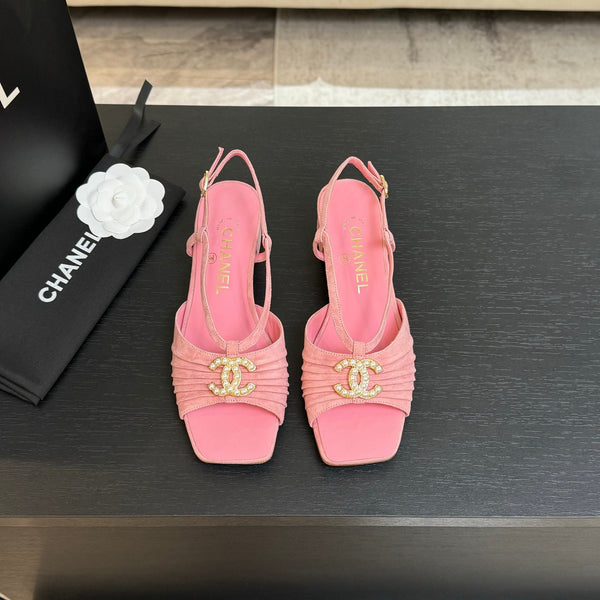 CC 25S Sandalo Tacco 50mm Pelle Scamosciata Rosa Capretto Logo Perla
