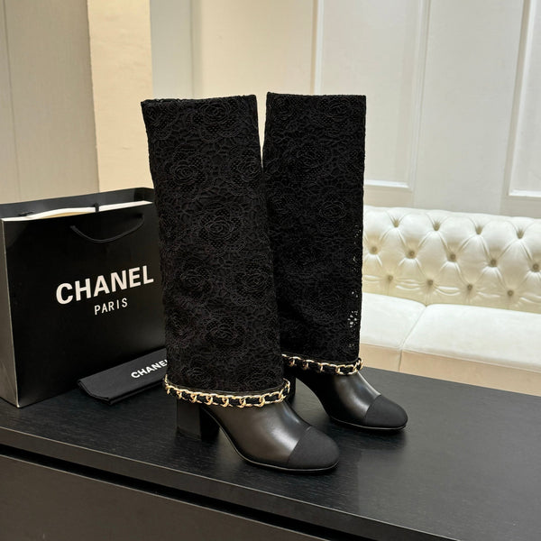 CC 25B High Boots Black Lace With Chain And Grosgrain 373806