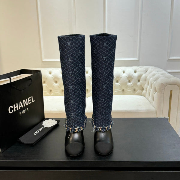 CC 25B High Boots Navy Blue Denim With Chain Black Grosgrain 373807