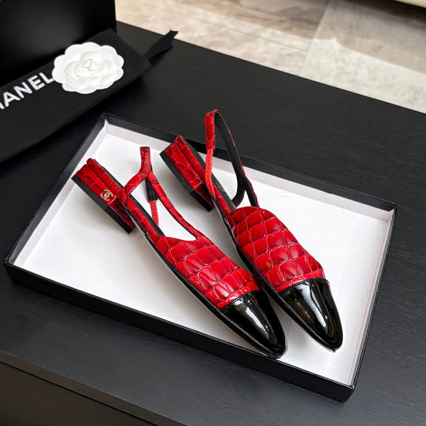 CC 26s Classic Slingback Flat Black Red Crocodile Embossed Patent Leather 907634