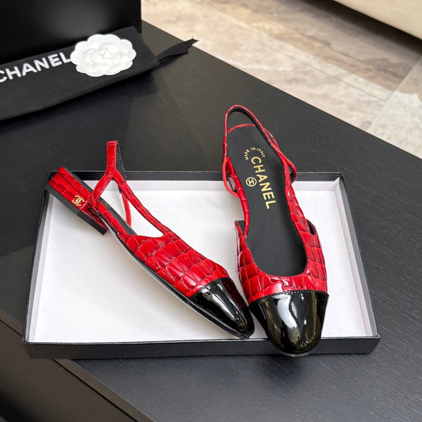 CC 26s Classic Slingback Flat Black Red Crocodile Embossed Patent Leather 907634