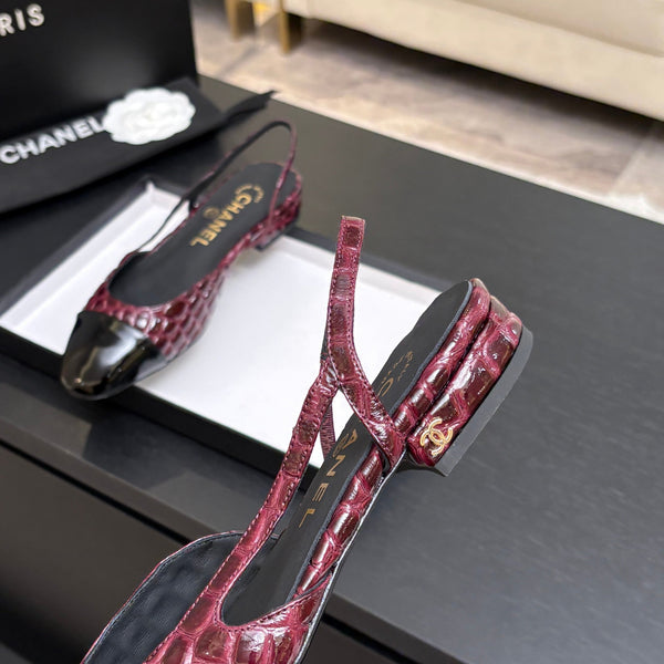 CC 26s Classic Slingback Flat Black Burgundy Crocodile Embossed Patent Leather 907635
