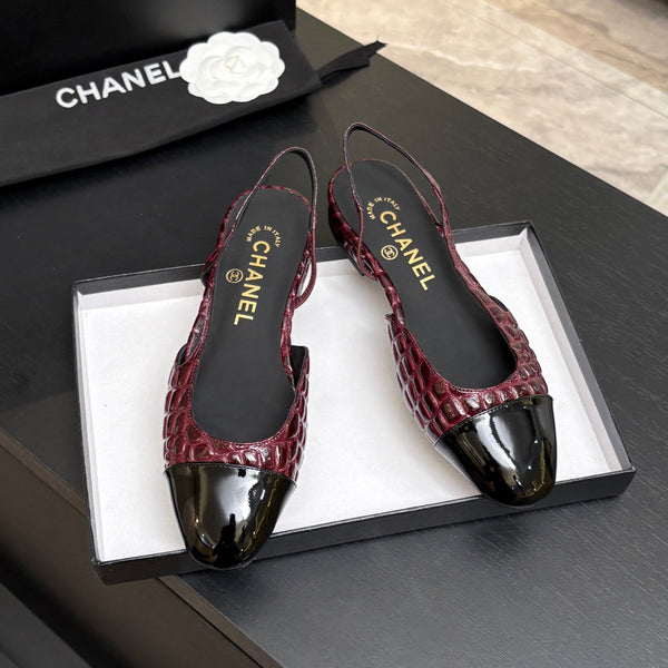 CC 26s Classic Slingback Flat Black Burgundy Crocodile Embossed Patent Leather 907635
