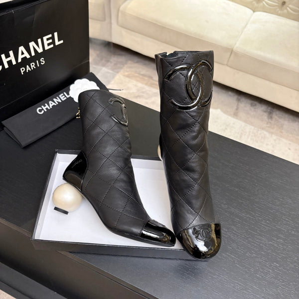 CC 26s Mid-Calf Pearl Boots 6.5CM  Black Quited Calfskin 957731